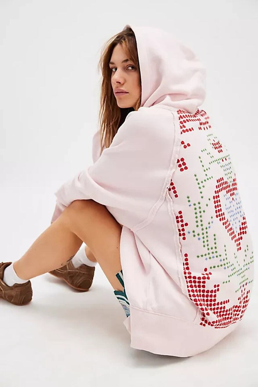 Free People Keepsake Hoodie Heart Print Embroidered Love Sweatshirt XL NWT
